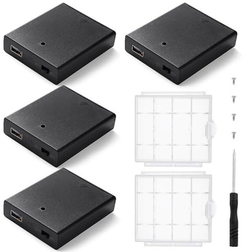 KUOQIY 4 PCS 4 x 1.5V AA Battery Holder, 6V Battery Holder Case Box with Built in USB Female Socket & ON/Off Switch & Cover, with 2 PCS Plastic Battery Storage Box & Screwdriver & Screws, Black