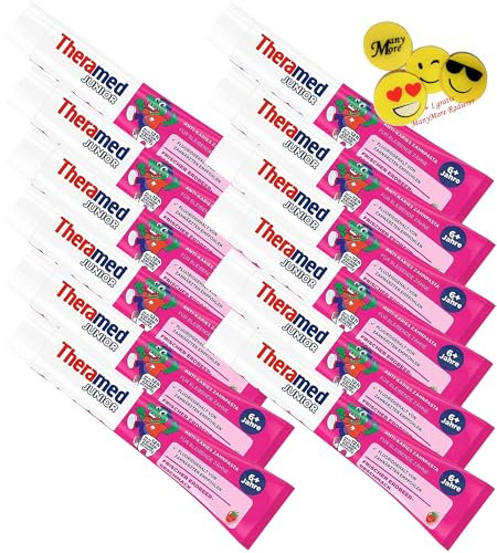 Thera-Med Junior Erdbeer ֍ 12 x 75 ml ֍ Kinder-Zahnpasta ab 6 Jahren ► ohne Minze & Menthol ◄ Junior Zahncreme Erdbeergeschmack + 1 Gratis Radierer von ManyMore*