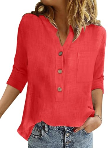 Onsoyours Chemisier Femme Chic Sexy Chemise en Coton Lin à Manche 3/4 Décontracté Blouse Ample à Col V Tunique Printemps Eté Top Couleur Unie Lâche Respirant T-Shirts A Rouge S