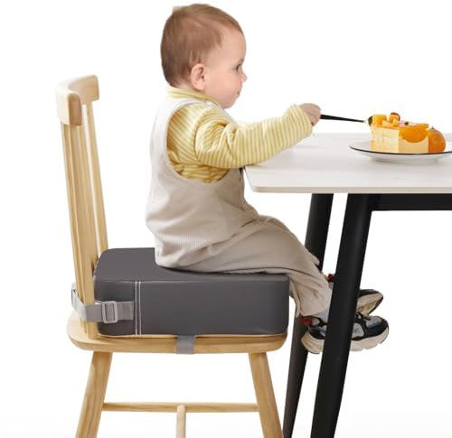 TOTIDYH SitzerhöHung Stuhl Kind PU Waschbar Zerlegbar 10cm SitzerhöHung Sitzkissen Kinder mit 2 Sicherheitsschnalle Gurt Tragbare KindersitzerhöHung Rutschfeste StuhlerhöHung Kinder (Dunkler)