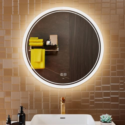 KWW Grand Miroir de Toilette de Salle de Bain Rond LED Moderne, Température de Couleur Réglable, Gradateur Antibuée, Miroir Mural Horizontal/Vertical (70_x_70_cm)