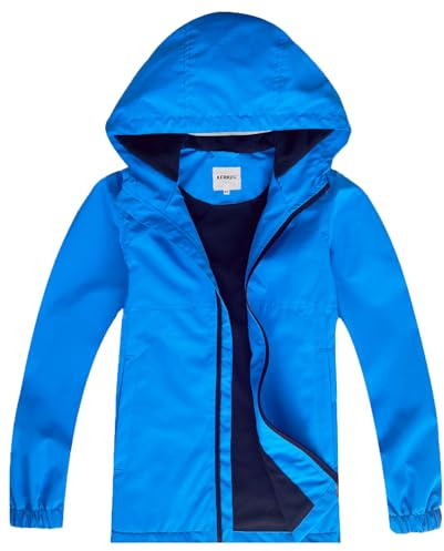 KFRRZC Boys Rain Jackets Waterproof Hooded Fleece Raincoats Lightweight Windbreakers for Kids(Blue,9-10)