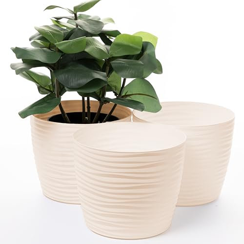 Home Garden Ornaments Plant Pots Indoor – Set of 3 Plastic Flower Pots, Unique Wave Design, No Drainage Holes, Indoor Plant Pot for Modern Home Décor (Cream, 17cm / 6.7 inch)