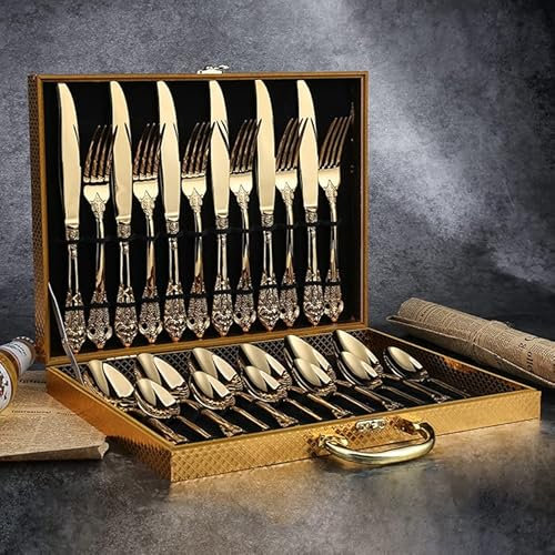 Abendessen Gold Besteck-Set Edelstahl für 6 Personen 24-teilig Rostfrei Gabeln Löffel und Messer Set Geprägt Retro Vintage Geschenk Hochglanzpoliert Spülmaschinenfest Küchengeschirr (Farbe: Gold si (G