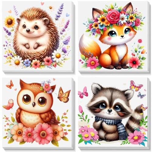 Pujeknm 4 Stück Tiere Malen Nach Zahlen ab 5 6 7 Jahre Mädchen mit Rahmen, Eule Fuchs Igel Waschbär Malen Nach Zahlen für Kinder Acrylfarben mit als Geschenk, Mittel 20x20 cm (Süßes Tiere)