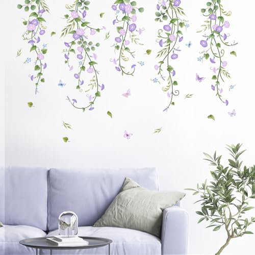 Supzone Wandtattoo Hängende Blumenranke Wandaufkleber Lila Prunkwinde Blume Wandsticker für Wohnzimmer Schlafzimmer Küche Sofa TV-Hintergrund Wanddeko