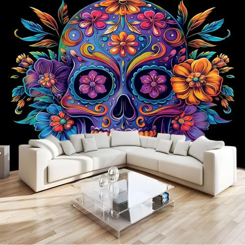 Fototapete Zuckerschädel Bunt Blumig 350x256 cm 3D Vliestapete Wandbild, Mustertapete Moderne Wandtapete, Wohnzimmer Schlafzimmer Kinderzimmer Büro Flur Wanddeko