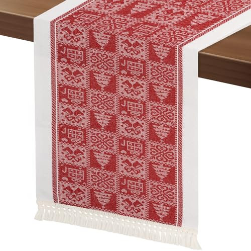 Bigqin Camino de Mesa de Navidad con borlas, 210 x 37 cm, Camino de Mesa Rojo de Navidad, Mantel de Navidad Decoración, Navidad Camino de Mesa para Cocina, Comedor