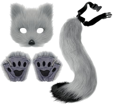 Faux Fur Fox Tail Fluffy Cat Wolf Paw Claw Gloves Plush Fox Mask Set Furry Cosplay Costume Set Animal Dress Up Fancy Dress Accessories Halloween Cosplay Carnival Role Play Party Costume Prop Set