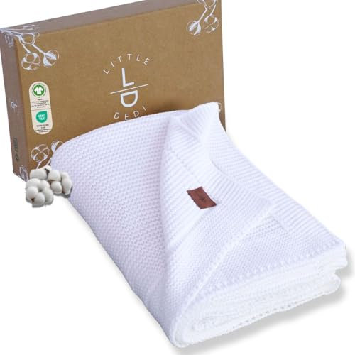 Little Dedi Strickdecke aus 100% Bio-Baumwolle GOTS Zertifizert, 80x100 cm. Weiss- Atmungsaktiv, Temperatur regulierend, in eleganter Geschenkbox für Babys