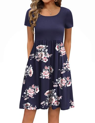 Zeagoo Dress for Women Summer Dresses Short Sleeve Sundress Casual Swingdress Crew Neck with Pockets Blue XL