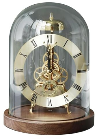 THYXGS Mechanische Vintage-Uhr Mit Glaskuppel, Mechanische Quarzuhr Im Retro-Look, Transparente Tischuhr, Holzsockel, Stündliches Glockenspiel Mit Stummschaltungsoption