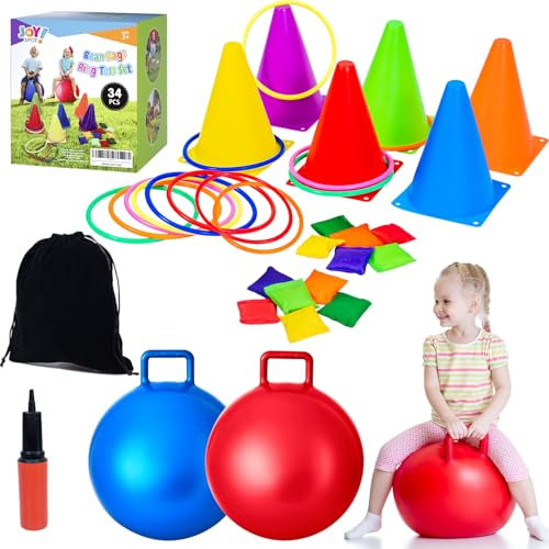 JOY SPOT! Outdoor Spiele für Kinder, 4 in 1 Hüpfball Spiele Set für Kindergeburtstag mit Pumpe, Kinderparty Ringwurfspiele, Gartenspielzeug, Draußen Outdoor Spielzeug für Schule ab 4 5 6 7 8 9 Jahren