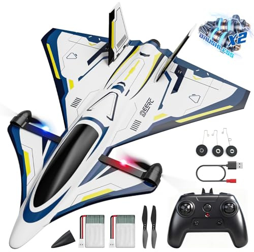 DEERC Avion RC sans balais 4CH Avion à jet télécommandé Sci-Fi avec lumières LED, RTF, 2,4 GHz, stabilisateur gyroscopique 6 axes, planeur EPP pour adultes et confirmés