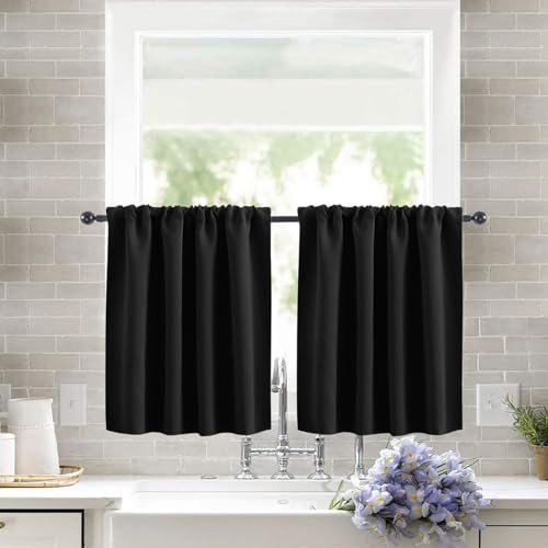 Treer Lot de 2 Rideaux Cuisine Brise-bise Courts Couleur Unie pour Petites Fenêtres à Passe Tringle, Rideau Occultants Moderne Décoration pour Salle de Bain Salon Bistrot (Noir,40x60cm)