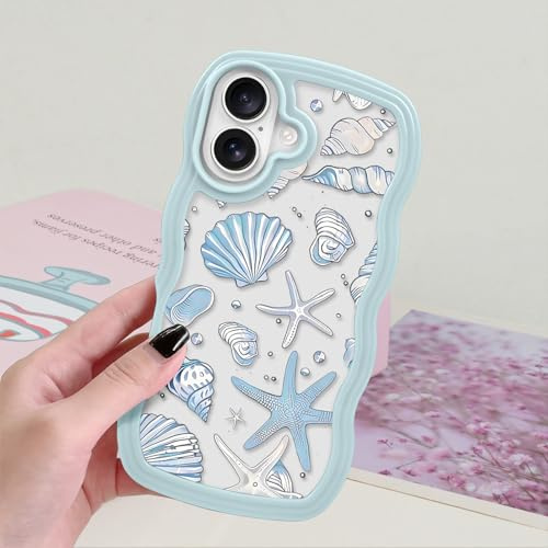 xoniery Cute Case for iPhone 16, Curly Wavy Girly Beach Ocean Seashell Conch Starfish Summer Pretty Phone Case, Soft Wave Clear Slim TPU Shockproof Anti-scratch Cover for Girl/Women/Men - Blue
