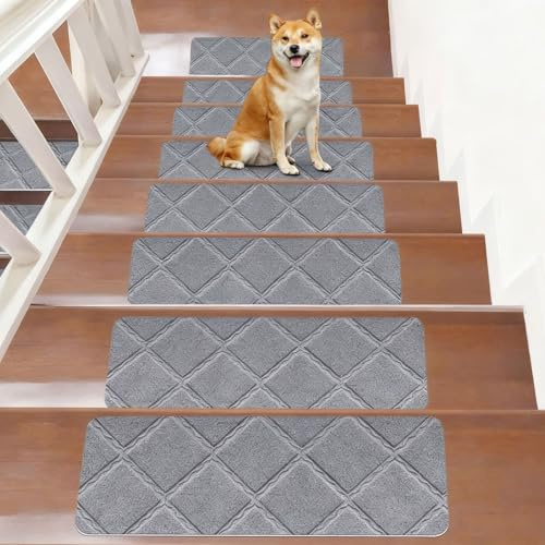 15 Stück Treppenstufen Matten, 55 x 19cm Anti Rutsch Stufenmatten Selbstklebend Innen, Maschinenwaschbare Treppenteppich Selbstklebend Stufenteppich für Kinder, Älteste und Haustiere (Grau)