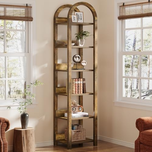 Tribesigns Bücherregal, 180 cm Hohes Schmales Gewölbtes Standregal mit 6 Ebenen für kleine Räume Holzregal für Wohnzimmer, Home Office, Küche, Rustikal Braun