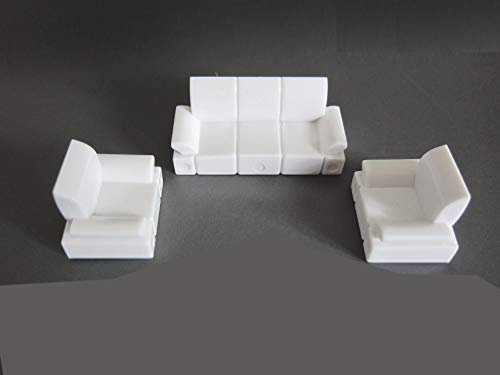Sofa-Set 3er Set Modell Möbelset für Modellbau 1:50, Modelleisenbahn Spur 0, Weiß, Kunststoff, Feinbearbeitet