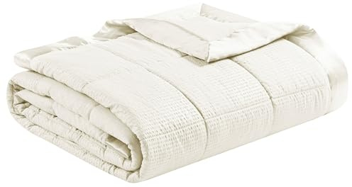 Madison Park Cambria Daunen-Alternative Decke, Premium 3M Scotchgard Stain Release Treatment All Season Lightweight and Soft Cover for Bed with Satin Trim, Full/Queen, Elfenbein