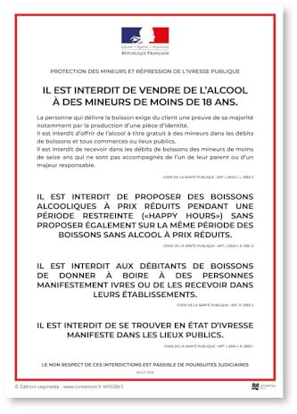 Affichage Protection des mineurs et Répression de l'ivresse publique - Sur place - Plastifié - Kit de fixation inclus (pastilles adhésives) - Fabriqué en France