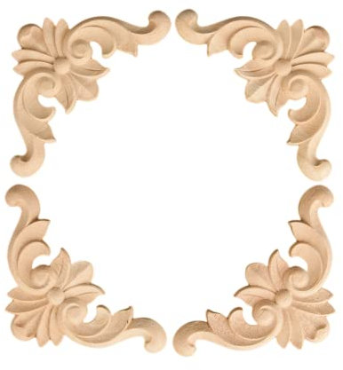 MUXSAM 4pcs Wooden Carved Corner Onlay Appliques Unpainted Wood Carving Decals for Wall Ceiling Furniture Cabinet Cupboard Headboard Sofa Door Mirror, Wood Trim 8x8cm/3.15*3.15