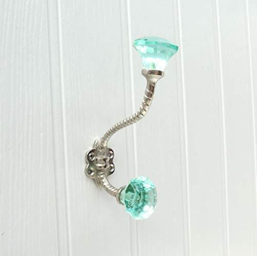 Brise de mer Vintage Antique Style Shabby Chic Cast Iron Metal Wall Hooks Coat Rack - A Choice of Colours! (Vintage Light Jade Green Glass Facet Hook)
