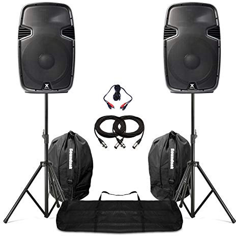 Vonyx SPJ-1200A 12-Inch Active DJ Speaker System Pair with Stands, Protective Bags & Cable Accessories, 1200W Powered PA Setup for Live Music Events & Mobile DJ Use