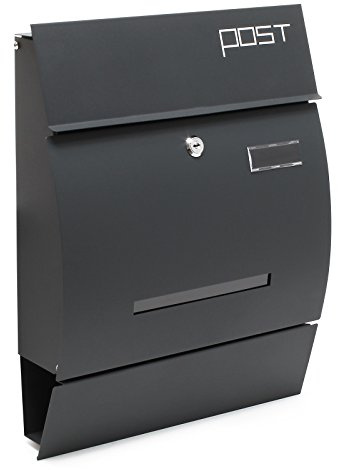 Wiltec Designer Briefkasten V4 Anthrazit 350 x 95 x 445 mm, Wandbriefkasten mit Schloss, Sichtschlitz, Namensschild und Zeitungsrolle, Postkasten aus pulverbeschichtetem Stahl