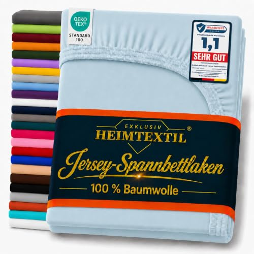 EXKLUSIV HEIMTEXTIL Marke Jersey Spannbettlaken 180-200 x 200 cm 100% Baumwolle Öko - Tex Zertifiziert, Markenqualität, Matratzenhöhe bis 25 cm, Hellblau
