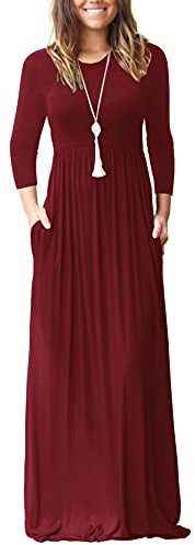 GRECERELLE Women's Casual Maxi Dress Long Sleeve Long Dresses with Pockets and Sleeves for Ladies (Wine Red, M)