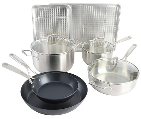 Babish, Juego de 12 utensilios profesionales de cocina de varios materiales de acero inoxidable, acero al carbono y aluminio con bandejas para hornear
