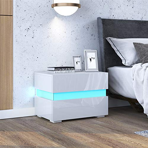 Nachttisch,Weiß Nachttisch mit LED Hochglanz Nachtschrank mit 2 Schubladen,Moderner Nachttische für Schlafzimmer Wohnzimmer 60 x 39 x 45 cm (Weiß)