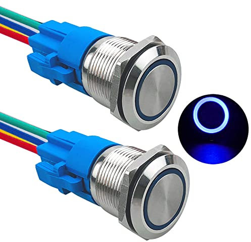 Aiqeer 2 Stück 19 mm Momentan Druckschalter, 12V / 24V 5A Auto Zündung Starter Schalter, IP67 Wasserdichter Edelstahl Druckschalter, mit Vorverdrahteter Steckdose (Blau LED)