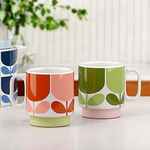 Orla Kiely Set of 2 Stacking Mugs Ceramic Block Flower - Tomato/Fern Gift Boxed