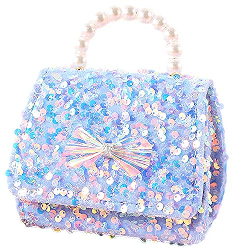 Anopo Bowknot Geldbörse für Kleine Mädchen Mikrofaser Umhängetasche Pailletten Crossbody-Tasche Glitter Wallet Perle Handtasche für Kinder Blau