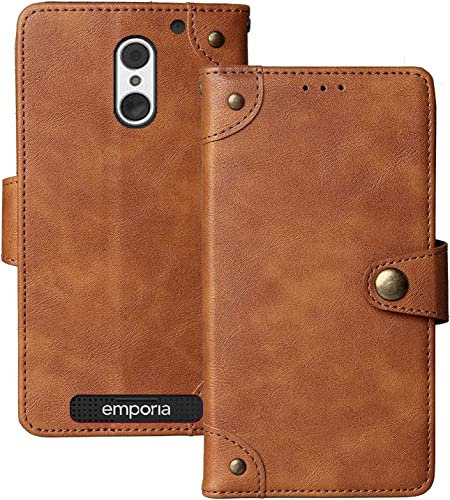 Cuson Retro Flip Braun Echt Leder Tasche Hülle Für PEAQ PSP 400 / Emporia SUPEReasy 5 Lederhülle Handyhülle Schutz Handytasche Handy Etui Brieftasche Cover Case Abdeckung