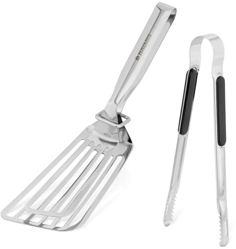 Navaris Spatule pince cuisine inox - Spatule tourne-poisson et pince de cuisine inox pour barbecue viande légume plancha salade grillade pâte bbq
