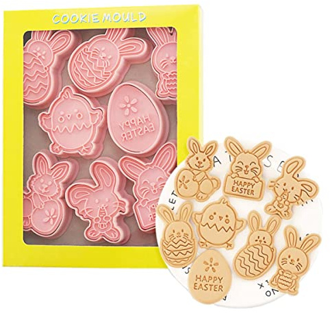 8-Piece Cute Easter Egg Cookie Cutters & Stamps - Plastic Rabbit Mould Set - Baking Kitchen Tools