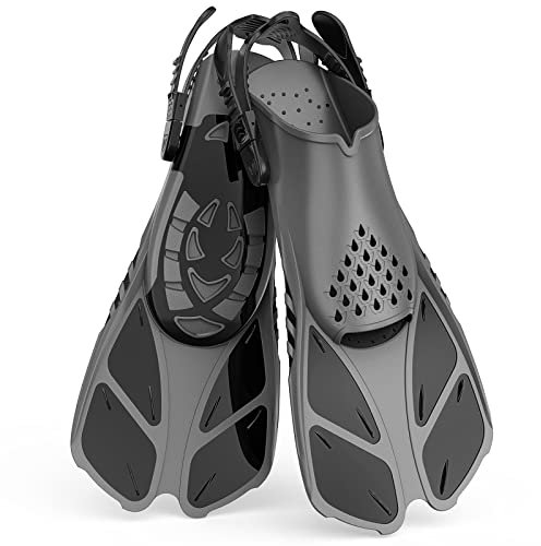 Lealinga Snorkel Fins, Swim Fins Flippers Adult Adjustable Snorkeling Diving for Adult Men Women Unisex, Travel Size Open Heel Swimming Flippers Training Fins with Mesh Bag