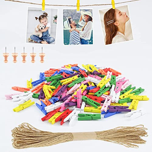 Furuising 150 Stück Bunte Holzklammern Klein, 25mm Natur Mini Wäscheklammern, Kleine Holzklammern mit 10m Juteschnur und 5 Bildnadeln für Fotos Aufhängen,DIY Basteldekoration