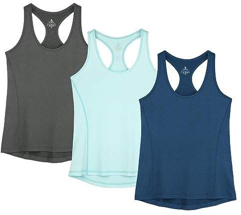 icyzone Damen Sporttop Yoga Tank Top Ringerrücken Sport Oberteil Laufen Fitness Funktions Shirt, 3er Pack (M, Dark Grey/True Navy/Aqua)