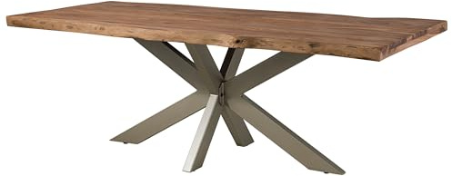 MASSIVMOEBEL24.DE | Freeform 3 - Baumtisch aus Sheesham - grau gebeizt | Kreuzgestell in Silber matt |220x100x77 | Massivholztisch Baumkanten Esstisch