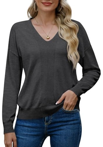 PrinStory Jumper For Women V Neck Jumpers Sweatshirt Ladies Casual Classic Plain Pullover Knit Long Sleeve Sweatshirt Knitwear For Christmas Winter Fall Spring (Dark Grey, L)