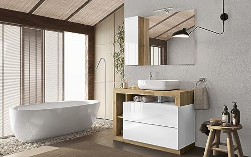 Dafne Italian Design Mobile da bagno a terra con cassetti e specchiera per lavabo in appoggio. cm. 110 x 47 x 90 rovere e bianco lucido