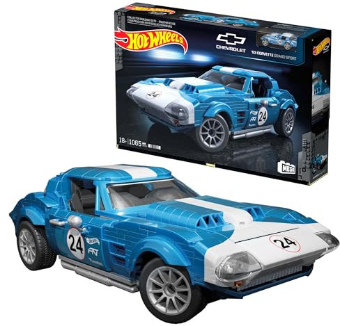 MEGA Hot Wheels Coche de juguete Corvette Grand Sport del 63, juguete de colección con 1060 bloques de construcción, incluye 1 vehículo réplica, +18 años (HWW23)