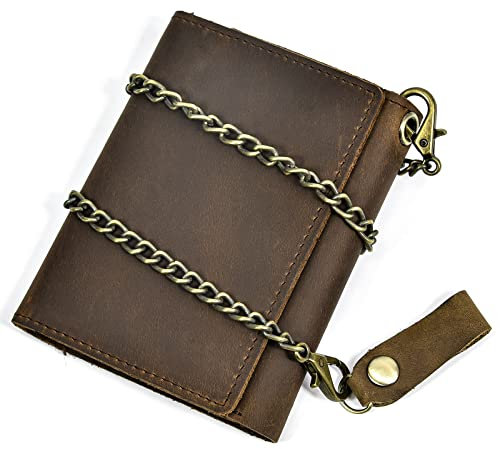 LUUFAN Men's Genuine Leather Short Wallet Trifold Anti-Theft Chain Purse with ID Window Zipper Pocket for Coin Cash Card (6007-Brown)