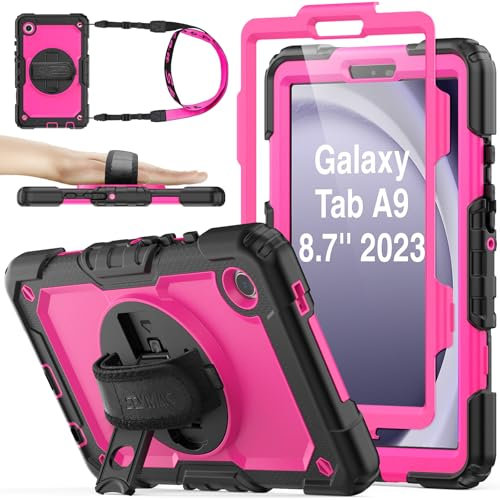 SEYMAC stock for Samsung Galaxy Tab A9 Case 8.7 inch 2023, Heavy Duty Shockproof Cover with Screen Protector, 360° Rotating Stand/Hand Strap & Pen Holder for Samsung A9 Tablet Case, Rose