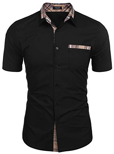 COOFANDY Mens Shirts Short Sleeve Summer Casual Shirt Short Sleeved Cowboy Shirt for Men Work Non Iron Formal Shirts Regular Fit A-Black XL