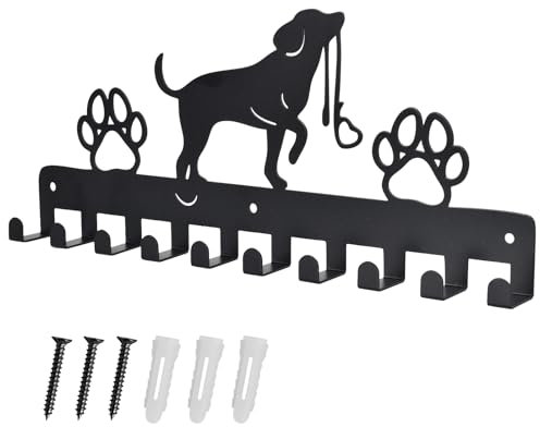 Haken Kleiderbügel Wand Schlüsselhalter Hund und Pfote Drucke Metall Schlüsselhalter mit 10 Haken Hundegarderobe Schwarz Eisen Wandmontage Haken für Hundebesitzer, Wanddeko Metall, Badezimmer, Küche